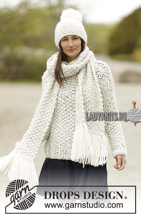 Вязаные спицами свитер, шапка и шарф "Метель" от Дропс