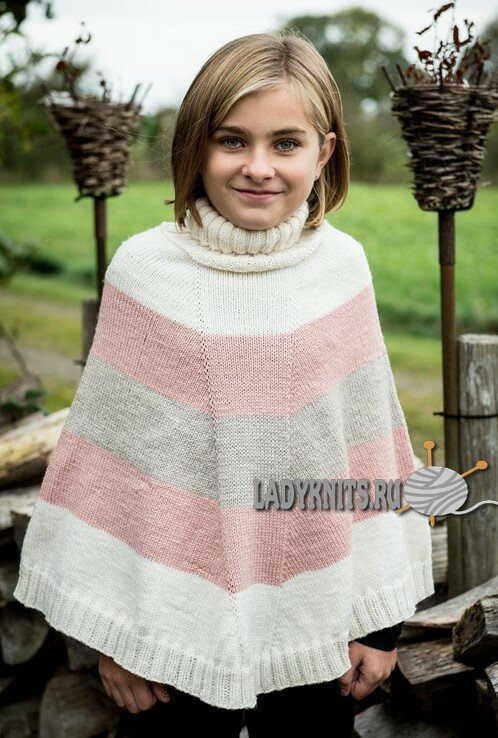 Вязаное спицами полосатое пончо для девочки от 4 до 12 лет
