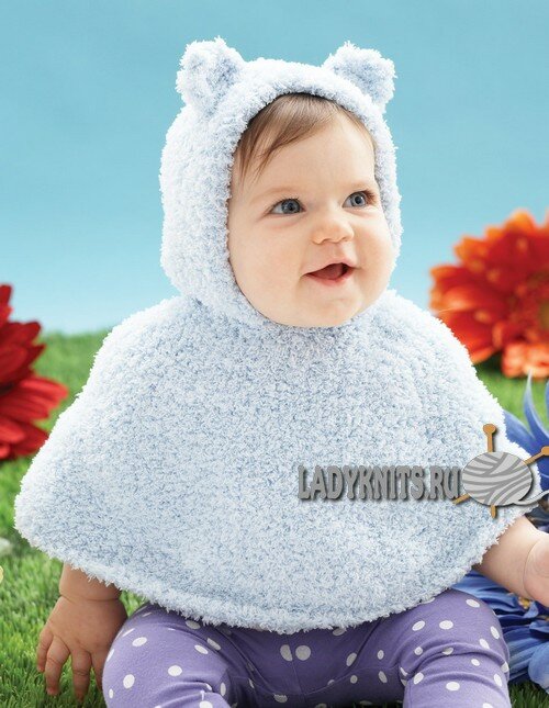 Вязаное спицами простое пончо &quot;Медвежонок&quot; для малыша от 6 до 18 месяцев, описание: