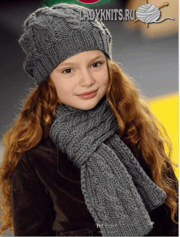 Вязаная спицами красивая шапка и шарф с косами для девочки от 2 до 14 лет