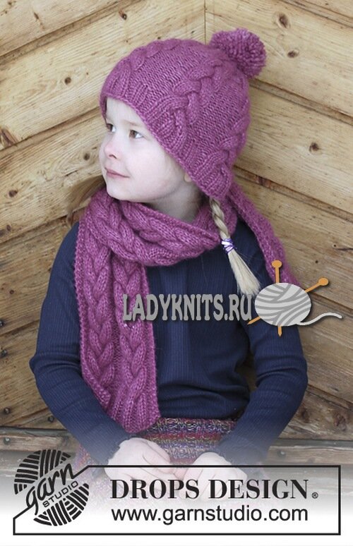 Вязанная спицами шапка с косами и шарф для девочки от 2 до 12 лет
