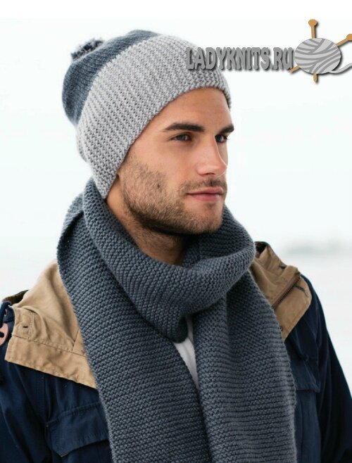  Простая мужская шапка и шарф спицами